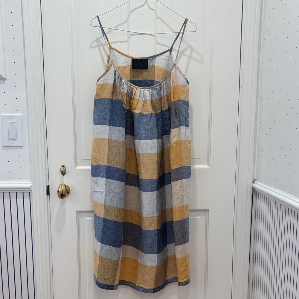 No. 6 Store White, Blue, and Yellow Plaid Spaghetti Strap Linen Dress w/Pockets